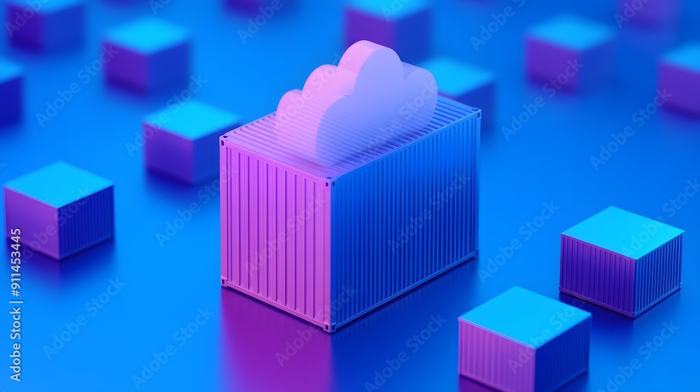 Poster 3d illustration of cloud computing concept. colorful 3d cubes and cloud symbol on container in futur