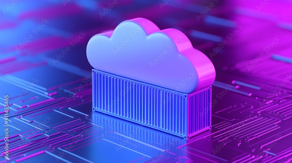 Poster 3d illustration of cloud computing concept showing a cloud atop a container on a futuristic circuit 