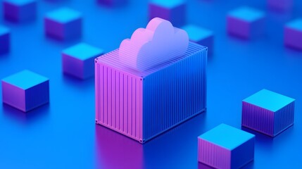 Fototapeta premium 3D illustration of cloud computing concept. Colorful 3D cubes and cloud symbol on container in futuristic technology environment.