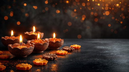 Diwali symbol concepts with light drop splash isolated on dark background. Generative AI Illustration.