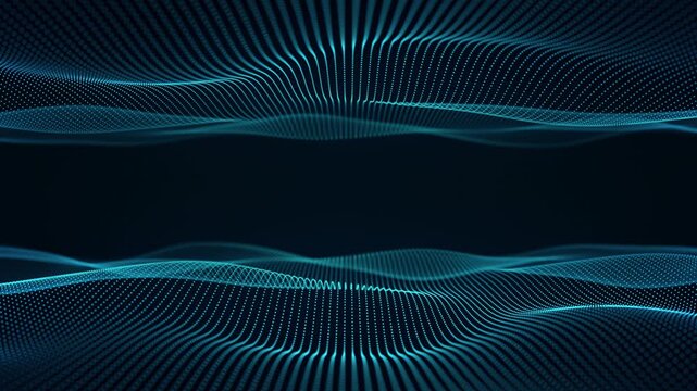 Parallel waves of blue color. Blue symmetrical waves, digital background. Smooth movement of liquid smooth copper form. Water texture surface made of glowing turquoise particles. Futuristic loop