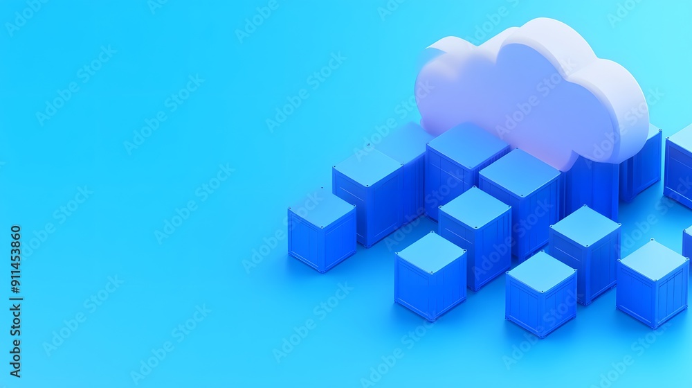 Aufkleber 3d illustration of cloud computing concept with floating cloud and blue cubes, representing data sto