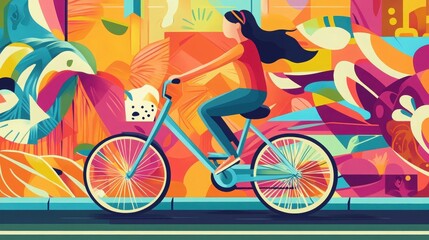Fototapeta premium A vibrant illustration of a woman riding a bicycle past colorful street art, capturing the essence of urban exploration and creativity.