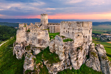 Aerial view of Spis Castle (Spissky hrad, Slovakia) on summer sunset