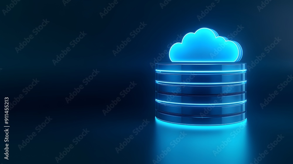 Poster 3d illustration of cloud computing technology represented by a glowing cloud over server stacks on a