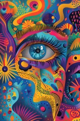 Eye-catching Poster Illustration with Central Doodle Eye and Colorful Abstract Shapes