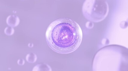 3D animation Cosmetics many atoms floating in droplets. Design of collagen bubbles. Design for a moisturizing cream and serum. Concept of vitamins for beauty and health