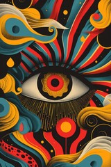 Abstract Eye Doodle Poster in Vivid Colors with Surrounding Patterns for Creative Design Concepts