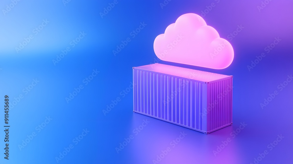 Poster 3d illustration of cloud computing with a neon pink cloud hovering over a container in a vibrant blu