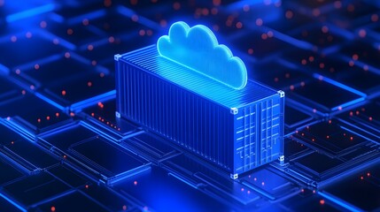 Fototapeta premium 3D illustration of cloud computing with a container symbol, representing data storage, technology, and virtualization solutions.