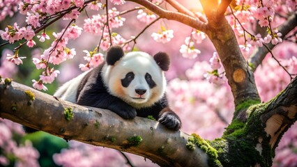 Obraz premium A Moment of Tranquility: Panda Amidst Cherry Blossoms AI generated