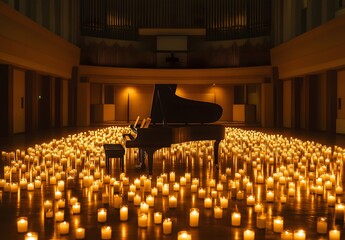 Piano in the middle of empty hall, surround with candle lights