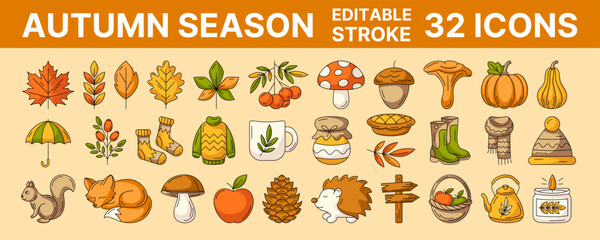 Fototapeta premium Autumn colorful line icons set, vector illustration, editable black stroke. Season collection, seasonal elements, symbols and attributes. Fall leaves, clothes, mushrooms, wild animals, berry, pumpkin.