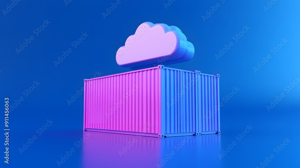 Poster 3d illustration of cloud storage concept with a pink and blue shipping container, symbolizing cloud 