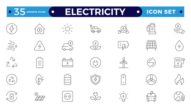 Electricity icon set with electromagnetic radiation, charger flow, lightning strike, static, induction, electric current, and electromagnetic radiation. Editable stroke outline icon. 