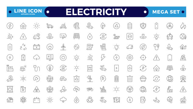 0806 Electricity icon set with electromagnetic radiation, charger flow, lightning strike, static, induction, electric current, and electromagnetic radiation. Editable stroke outline icon. 