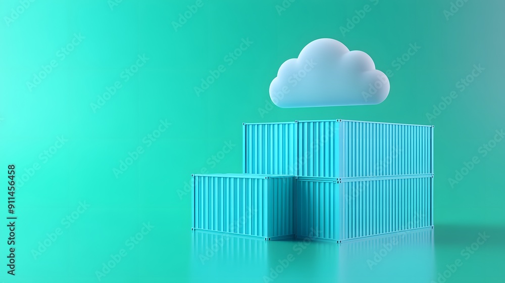 Poster 3d illustration of shipping containers with a cloud icon on a turquoise background, symbolizing data