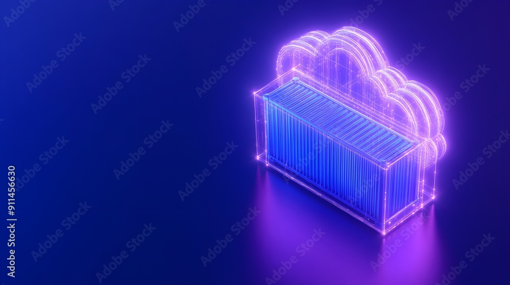 Poster 3d neon illustration of cloud computing and data storage with futuristic digital cloud and server on
