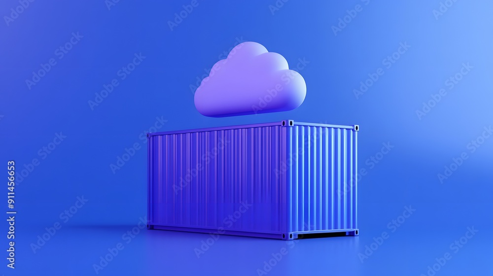 Poster 3d render of a blue shipping container with a cloud icon above it, symbolizing cloud computing and d