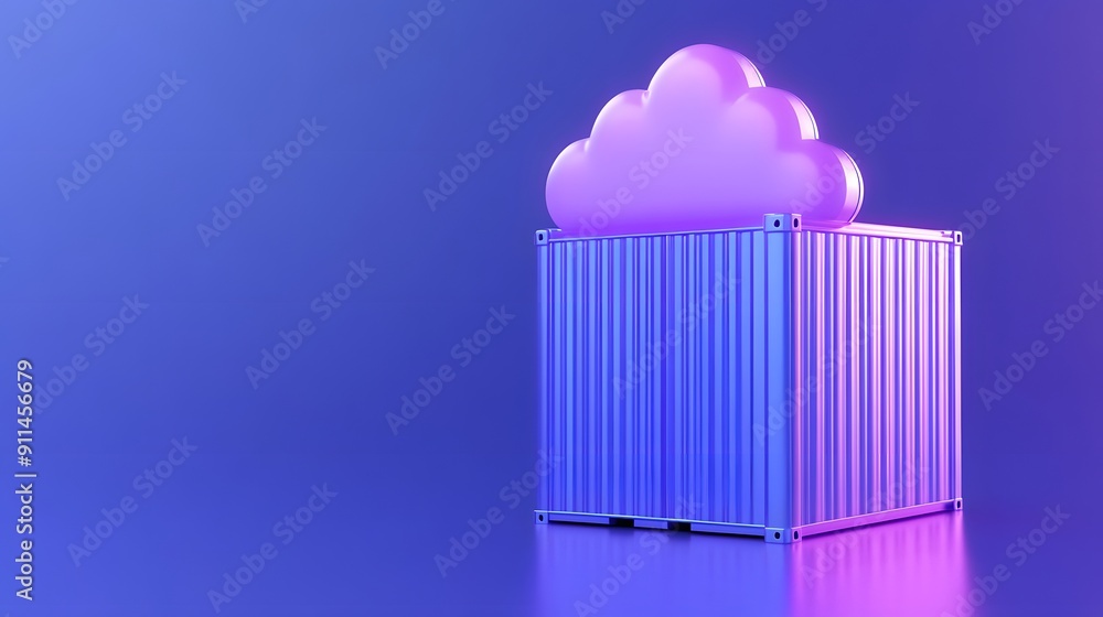 Poster 3d render of a cloud above a shipping container, symbolizing cloud computing and data storage, on a 
