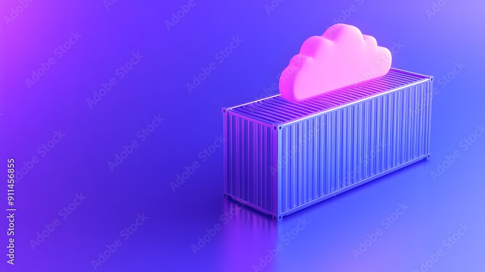 Poster 3d render of a cloud computing concept with a pink cloud atop a shipping container, symbolizing clou