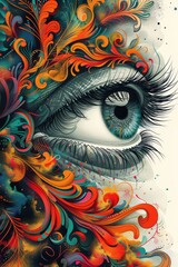 Fototapeta premium Eye-catching Abstract Poster Design with Vibrant Stylized Doodle Eye and Colorful Patterns