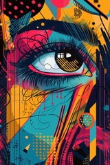 Obraz premium Bright Abstract Poster Design with Stylized Doodle Eye in Vibrant Colors and Patterns