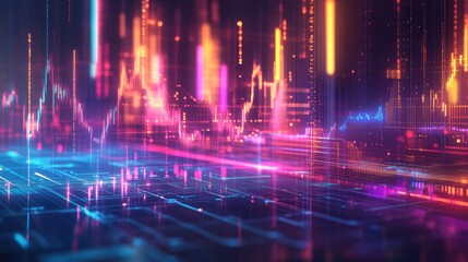 Abstract depiction of financial graphs and charts in neon colors