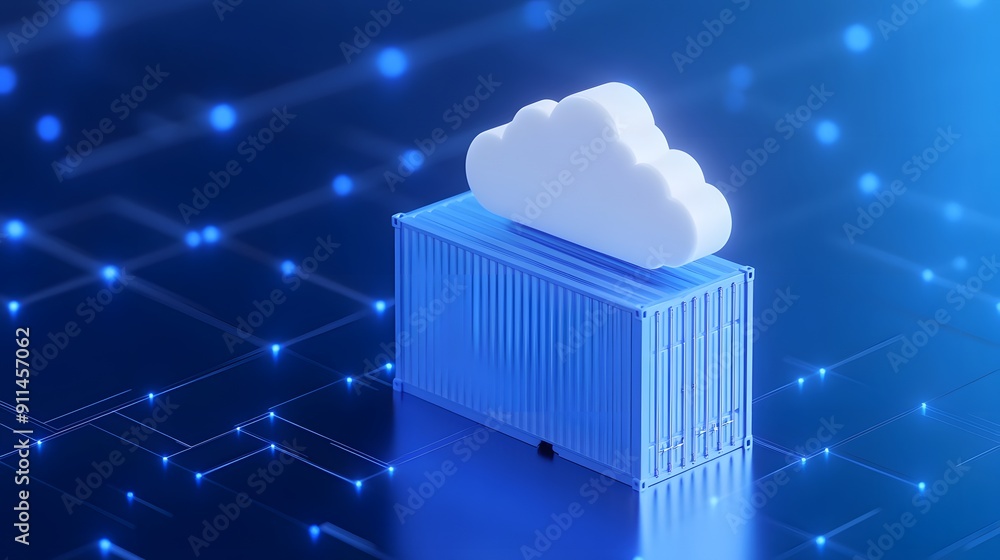 Poster 3d render of a cloud on a container, symbolizing cloud computing, storage, and data management in a 
