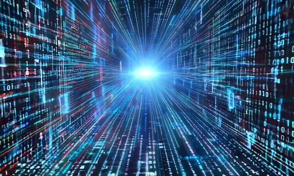 Digital binary code tunnel abstract background.