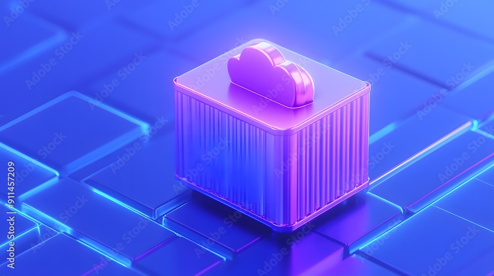 Poster 3d render of a glowing cloud storage icon on a digital grid background, representing online data sto