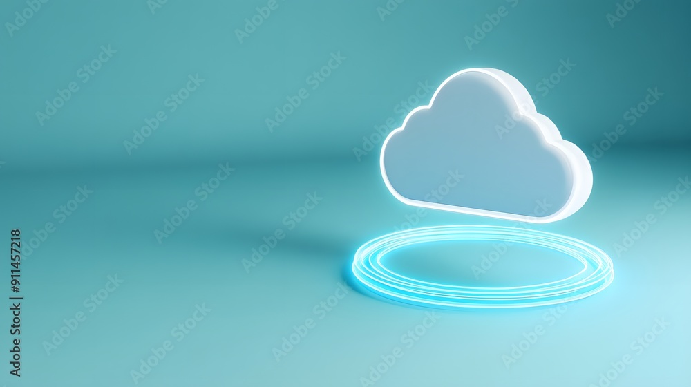 Aufkleber 3d render of a glowing cloud icon with a neon circle on a blue background, representing cloud comput