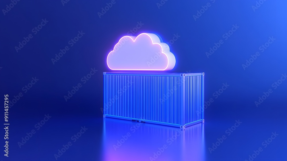 Poster 3d render of a glowing neon cloud above a shipping container, symbolizing cloud computing and data s