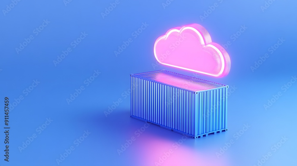 Poster 3d render of a shipping container and cloud icon on a blue background, symbolizing cloud storage and