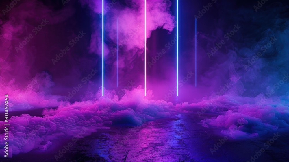 Poster abstract neon fog with illuminated vertical lines in pink and blue colors creating a surreal atmosph