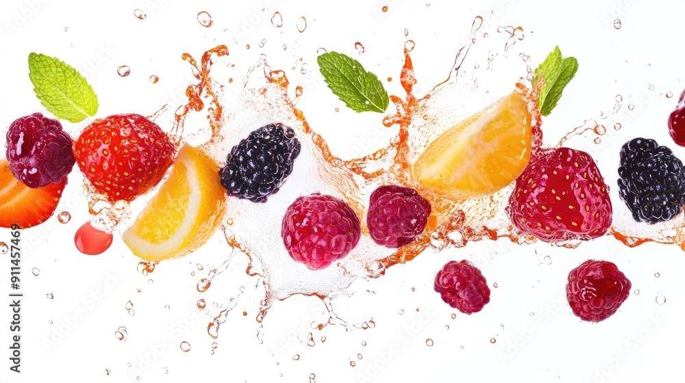 Poster a medley of berries and splashing juice, isolated on white, creating a lively and refreshing image. 