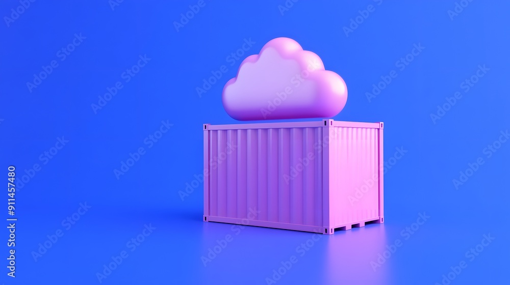 Aufkleber 3d render of a pink shipping container with a cloud on top against a blue background. symbolizes clo