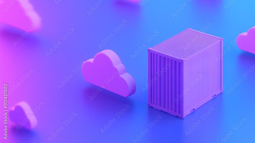 Poster 3d render of a shipping container and cloud icons against a vibrant blue and pink background, symbol