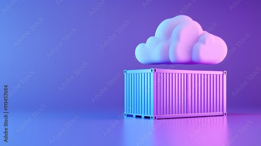 Poster 3d render of a shipping container with a floating cloud, symbolizing cloud computing and data storag
