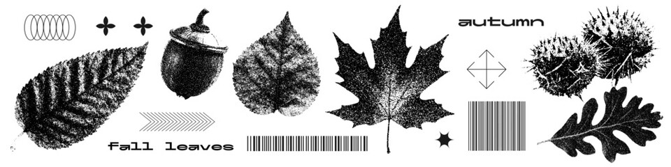 Forest acorn, chestnut, leaves set with retro photocopy stipple effect. Collection for grunge punk y2k collage design. Autumn nature season. Vintage halftone element brutalist design for collage © LanaSham