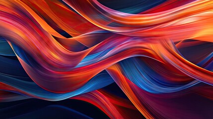 Abstract 3D ribbons in vivid red, orange, and blue colors, flowing and twisting in a dynamic pattern.