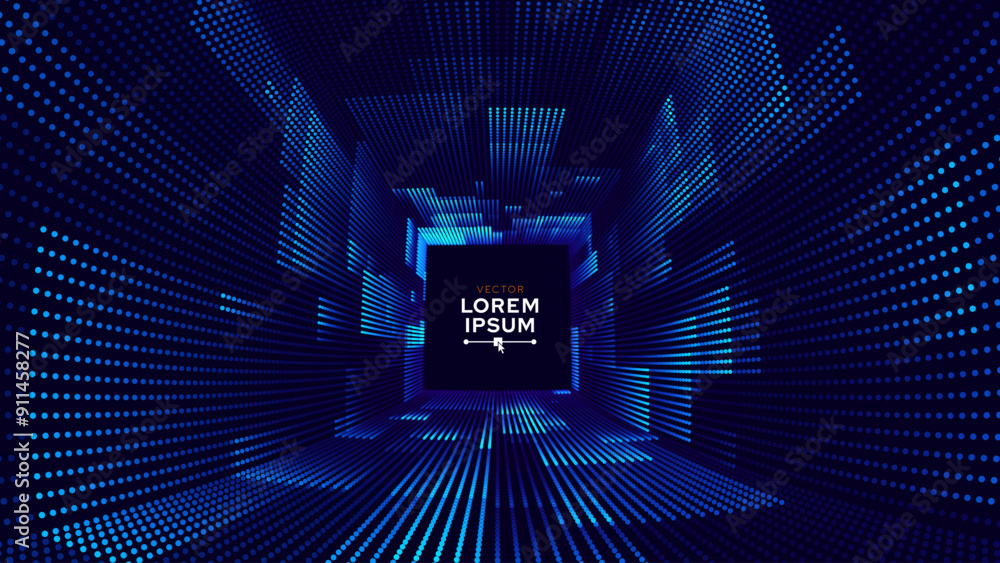 Poster Square Frame Border Blue Lights DJ Party Flyer Background. Rectangle Tunnel Big Data Backdrop. Abstract Blue Digital Background. Computer Digital Tunnel Technology Vector Illustration.