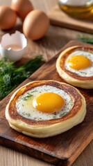 Two perfectly fried eggs sit atop golden potato slices, garnished with fresh herbs and vibrant red berries, creating a delightful breakfast presentation