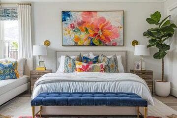 Boho Bedroom decor, cozy bedroom, embroidered pillows and blankets, beautiful textile trims
