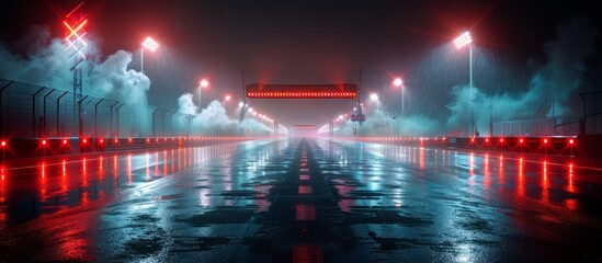 drag racing track at night, lit by a series of intense overhead lights