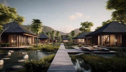 Obraz premium Tropical Resort with Wooden Cabins and Pond Walkway.