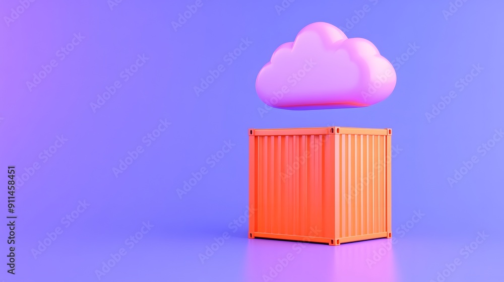 Poster 3d rendering of a cloud above an orange shipping container on a purple background, representing clou
