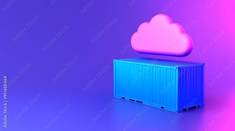 Poster 3d rendering of a blue shipping container with a pink cloud above, symbolizing modern cloud storage 
