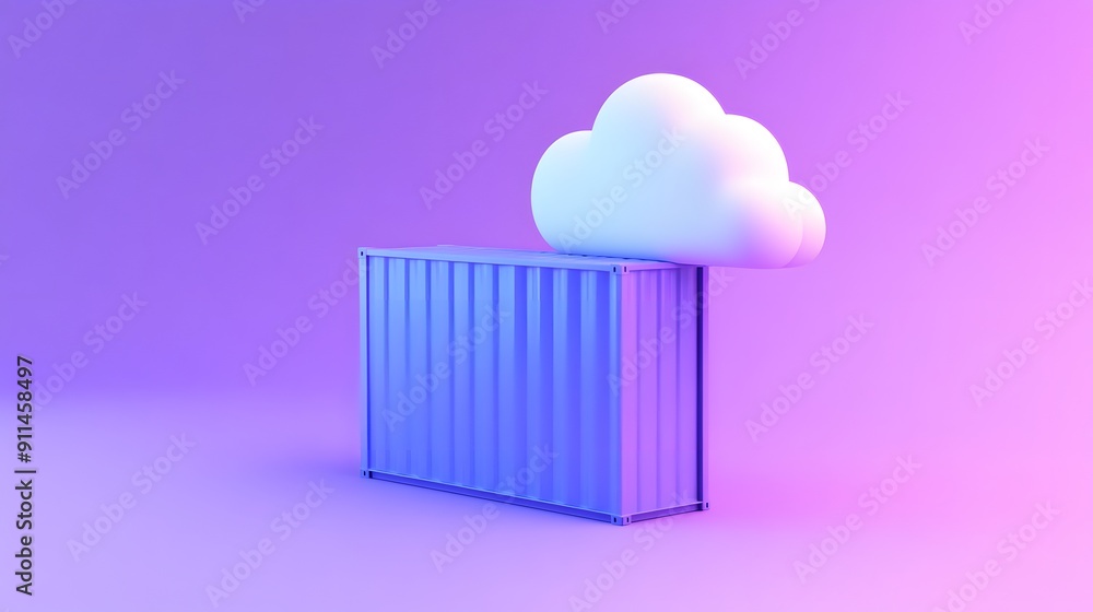 Poster 3D rendering of a cloud and container symbolizes cloud computing and data storage on a vibrant purple background.