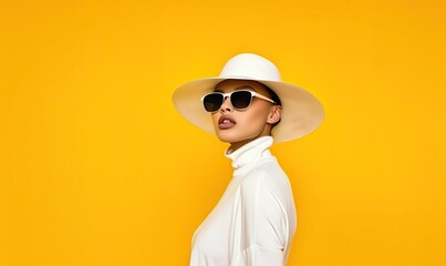 Woman in White Hat and Sunglasses on Yellow Background